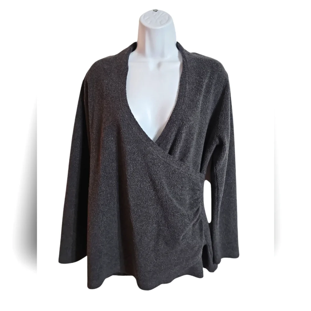 Soft Surroundings Womens Petite Medium Charcoal Faux Wrap Sweater Cozy Preppy - Picture 2 of 6